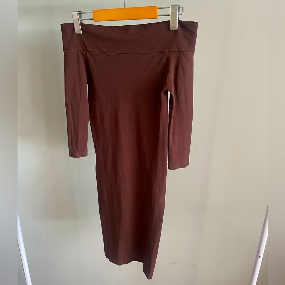 Kolu O/S Brown Off Shoulder 3/4 sleeve Stretchy Dress